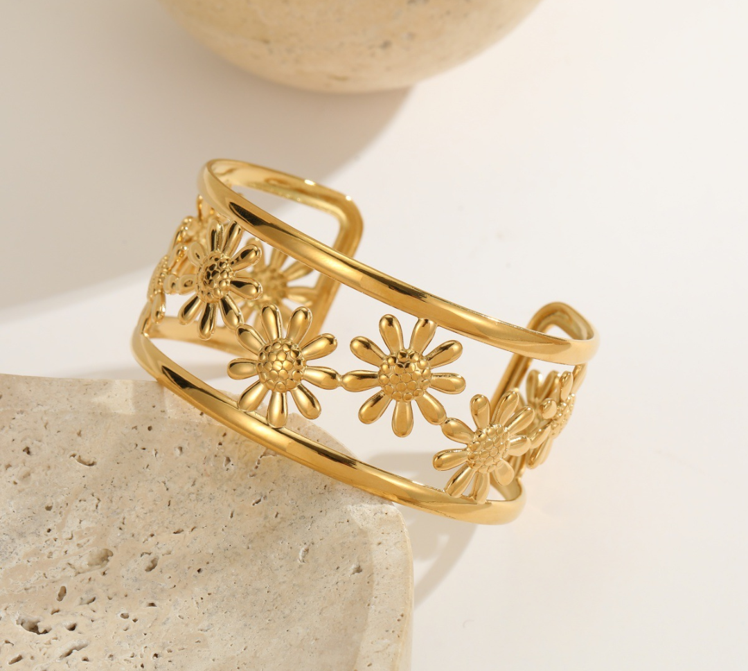 Floral Openwork Gold Cuff Bracelet