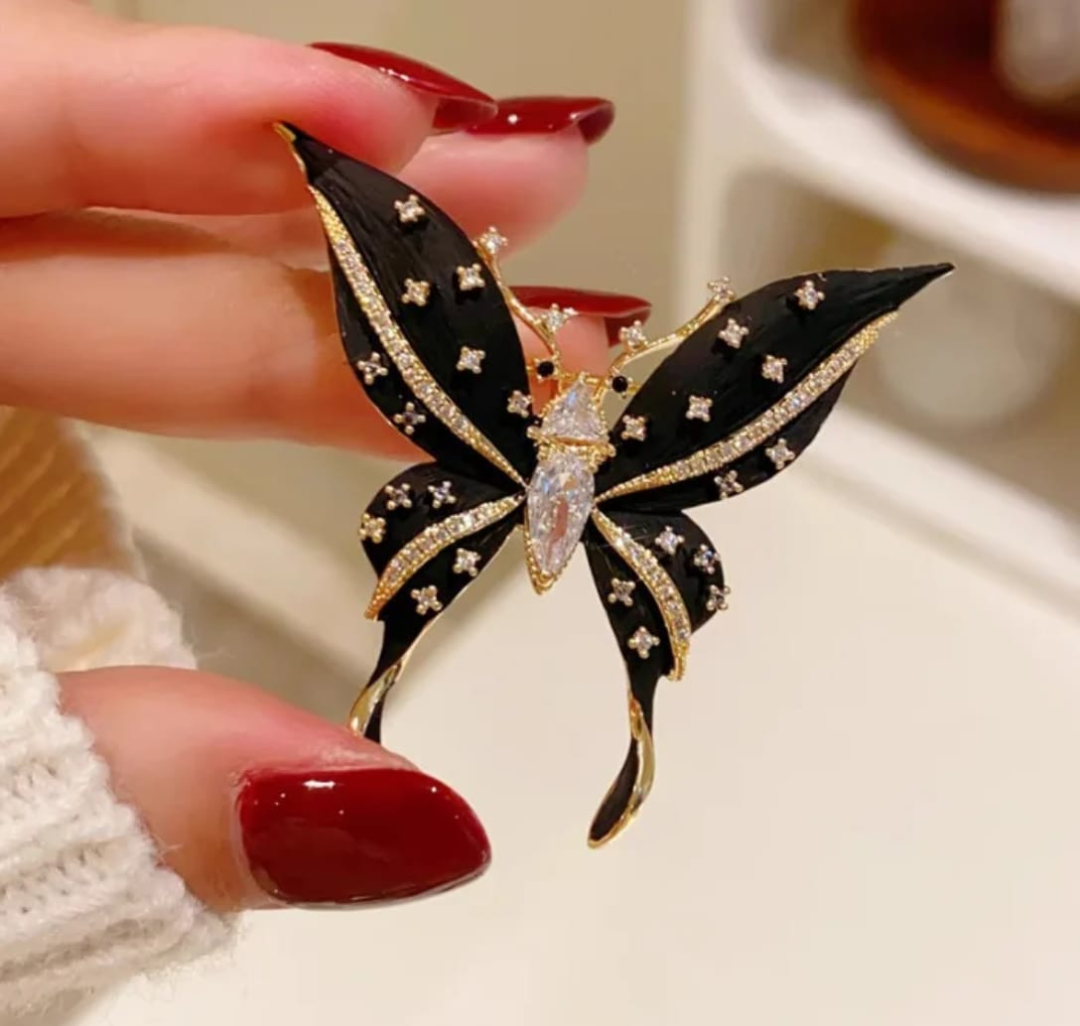 Elegant Black Butterfly Crystal Brooch
