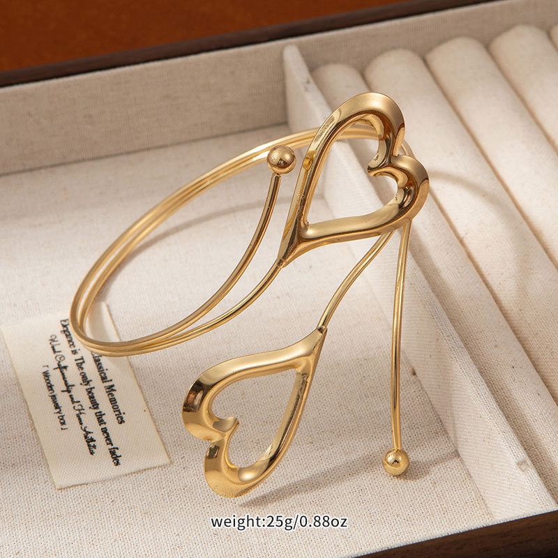 Gold Double Heart Adjustable Arm Cuff Bracelet