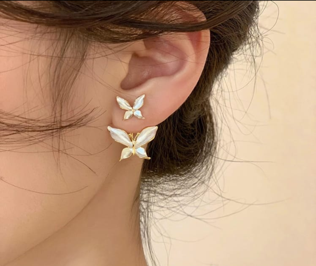 Elegant Double Butterfly Pearl Drop Earrings