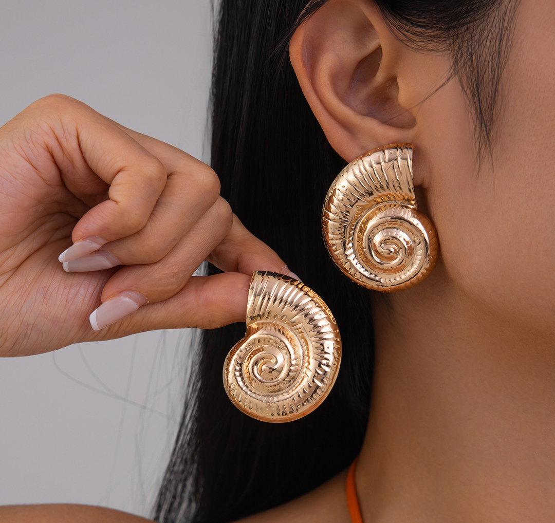 Gold Spiral Shell Statement Earrings – Ocean-Inspired Elegance
