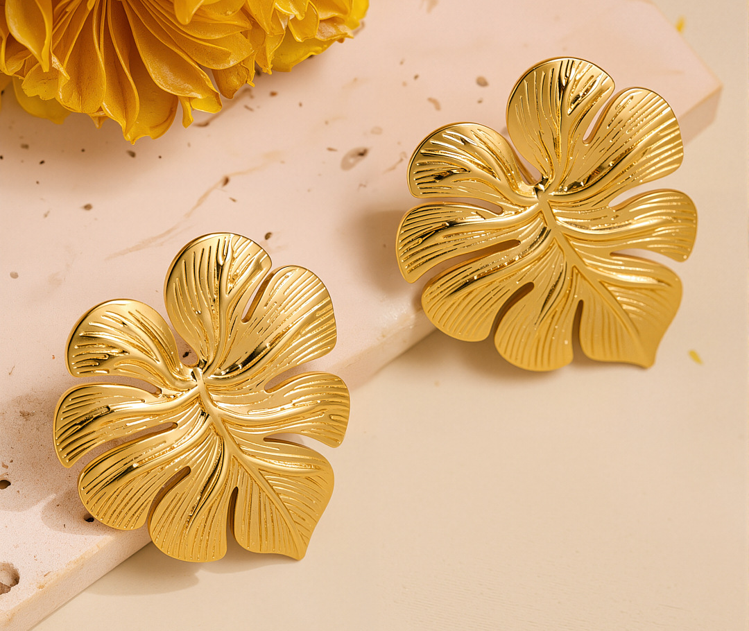 Gold Monstera Leaf Stud Earrings – Tropical Luxe Statement