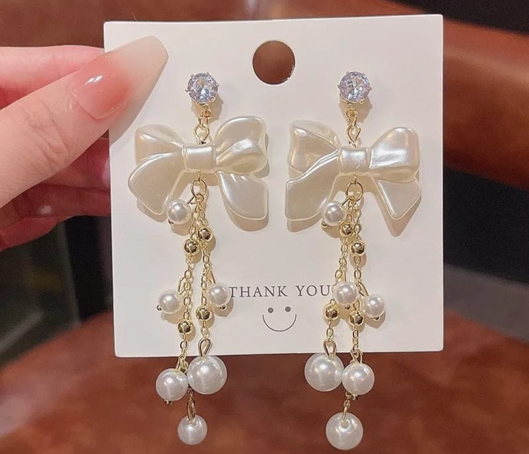 Luxury Bow Pearl Tassel Drop Earrings