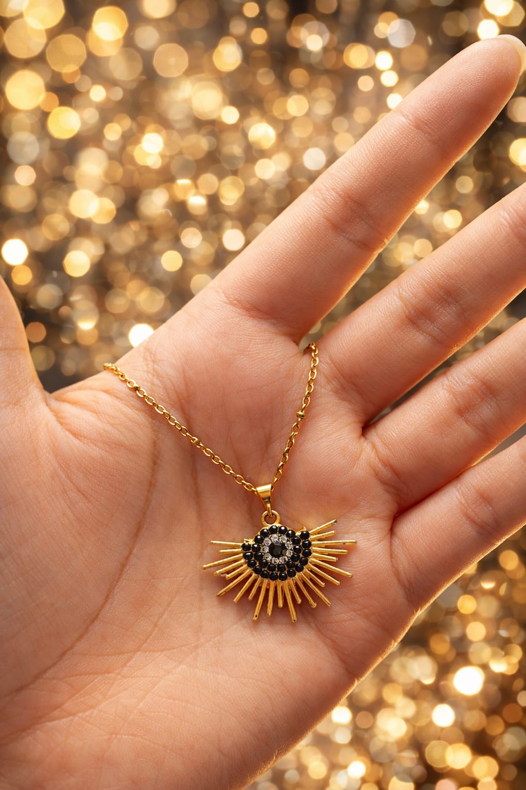 Black Crystal Sunburst Pendant Necklace