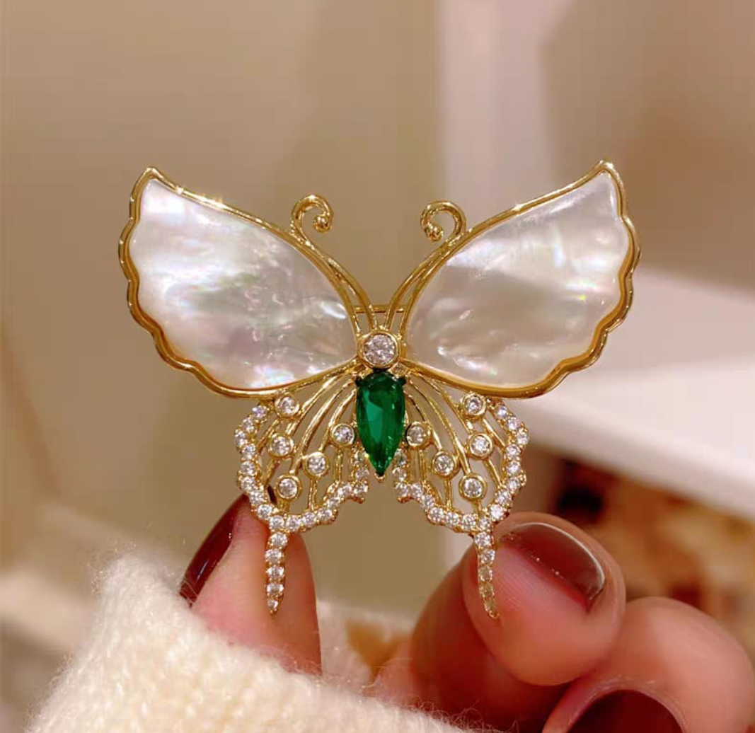 Pearl Wing Emerald Butterfly Brooch