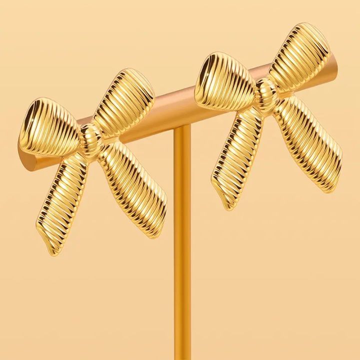 Gold-Tone Bow Statement Earrings – Elegant Ribbed Ribbon Earrings for Women