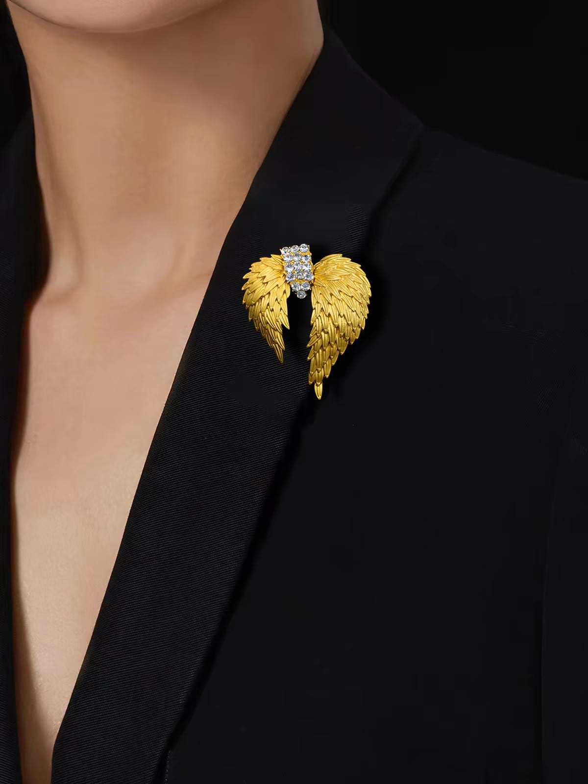 Golden Angel Wings Crystal Brooch Pin