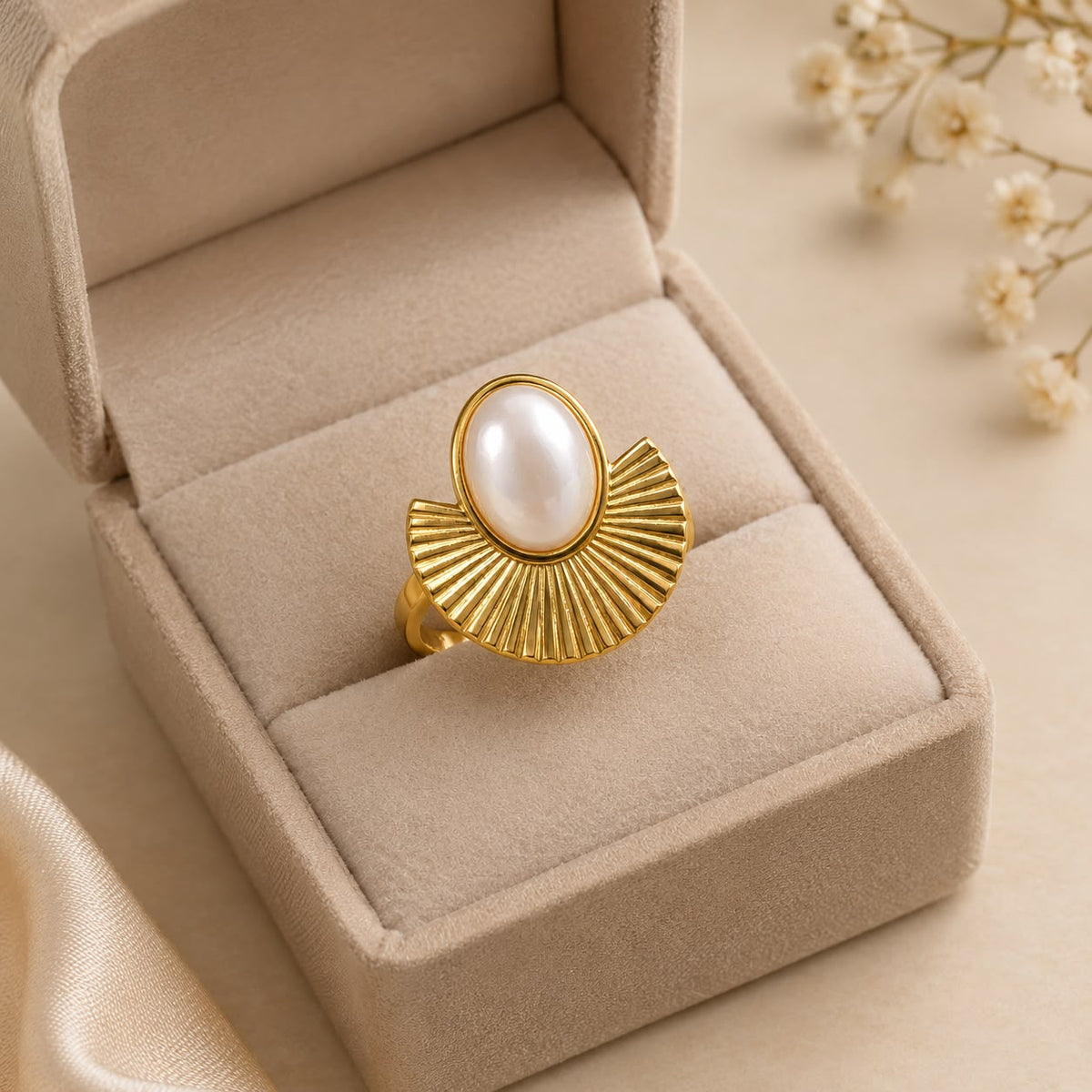 Gold-tone pearl statement ring with fan-shaped detailing displayed in a beige jewellery box