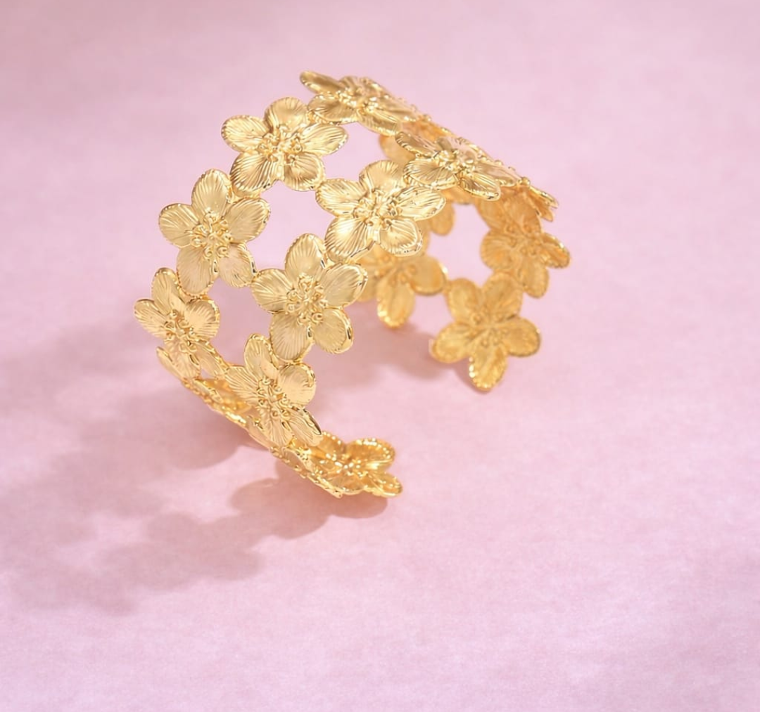 🌸 Floral Gold Open Cuff Bracelet