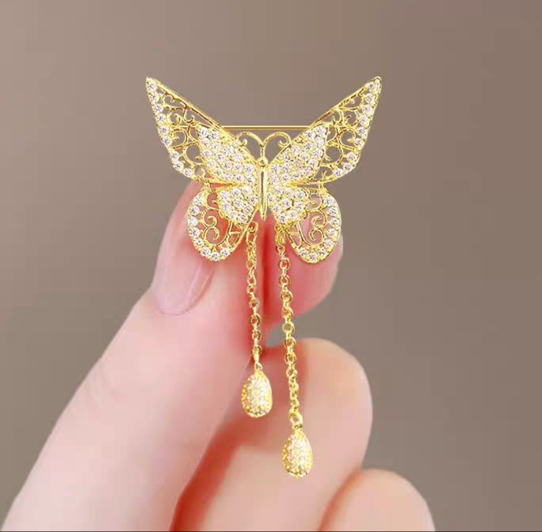 Elegant Filigree Butterfly Tassel Brooch