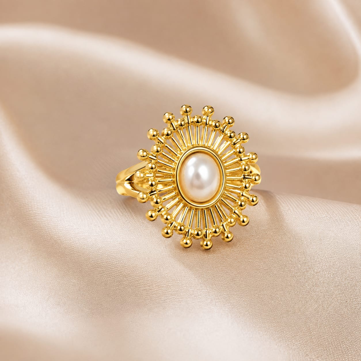 Gold-Tone Pearl Sunburst Statement Ring – Elegant Vintage-Inspired Ring