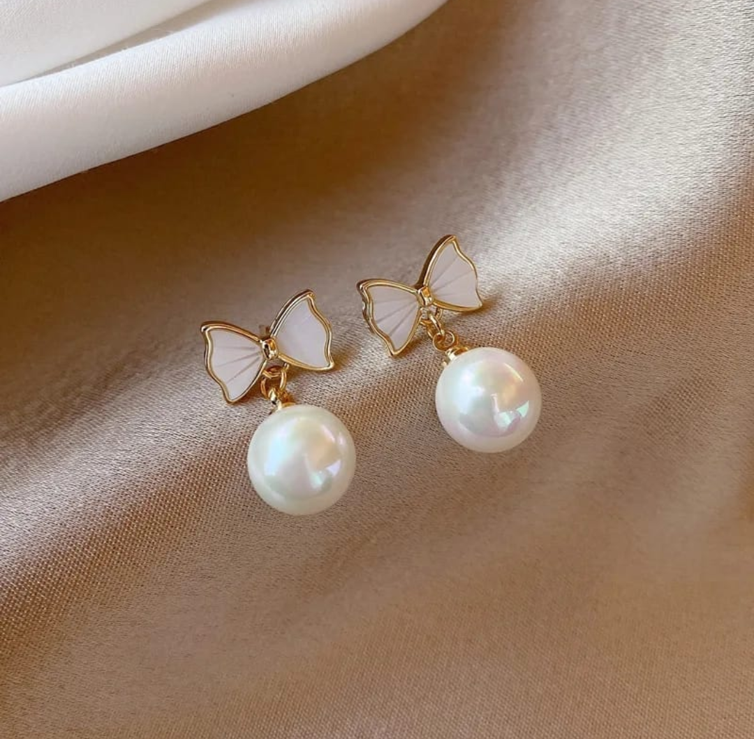 Elegant Bow Pearl Drop Earrings