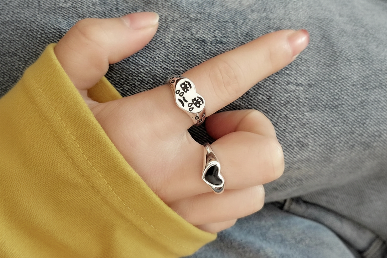 Trendy Heart & Pattern Ring Set 🖤✨