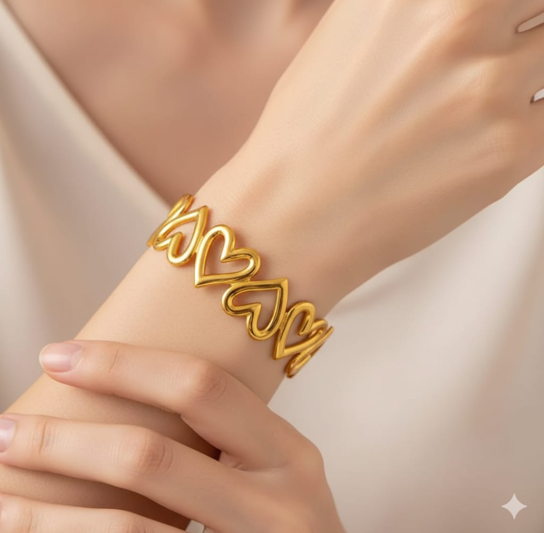 Heart-Link Gold Cuff Bracelet
