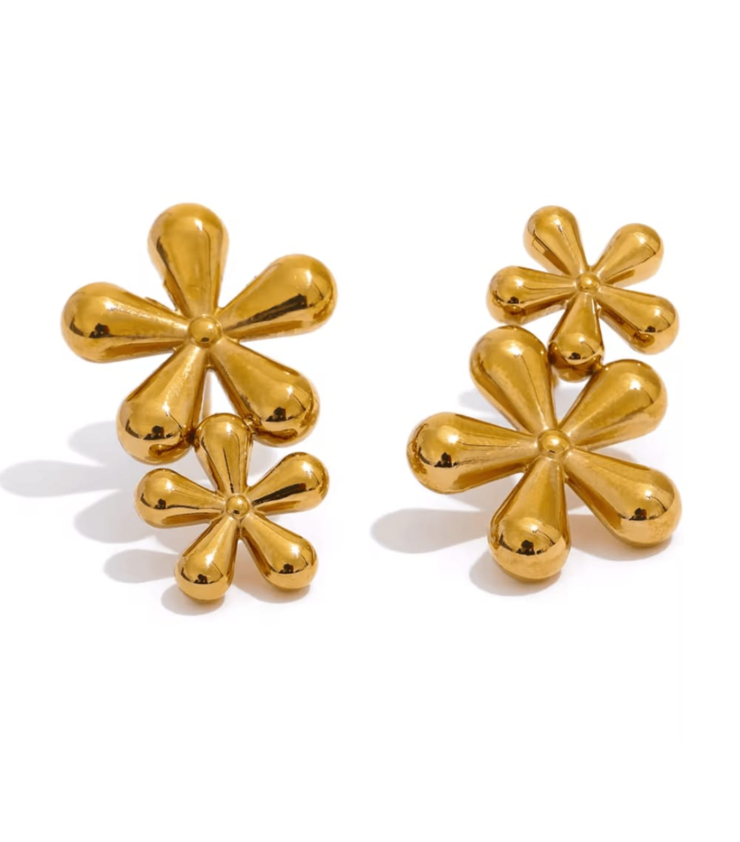 Double Flower Gold Drop Earring