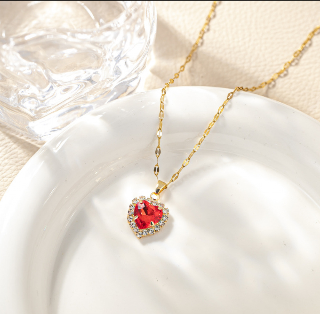 Radiant Ruby Heart Halo Necklace