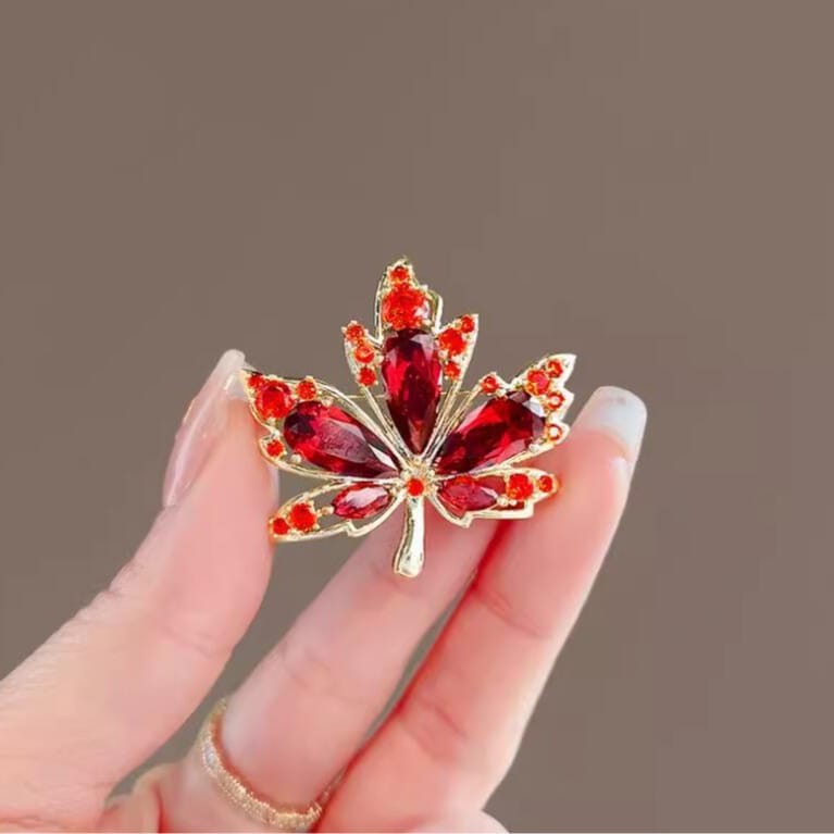 Red Crystal Floral Brooch for Women – Elegant Leaf Design