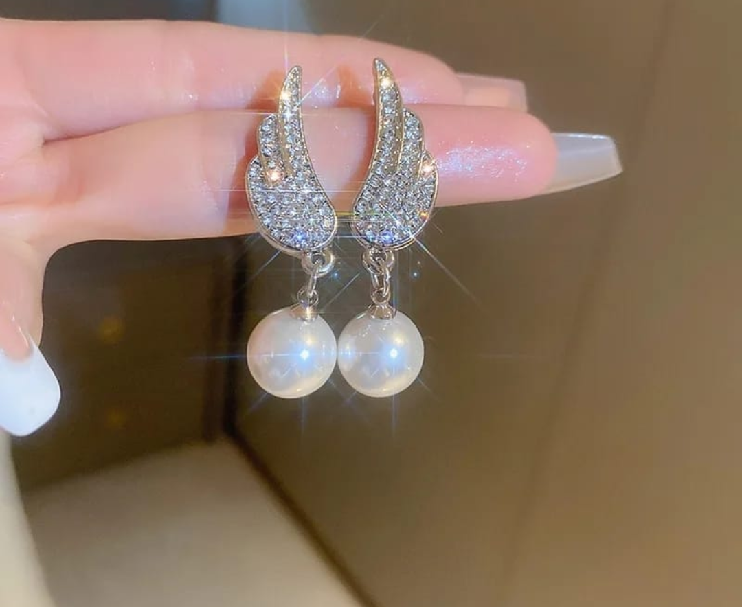 Crystal Angel Wing Pearl Drop Earrings