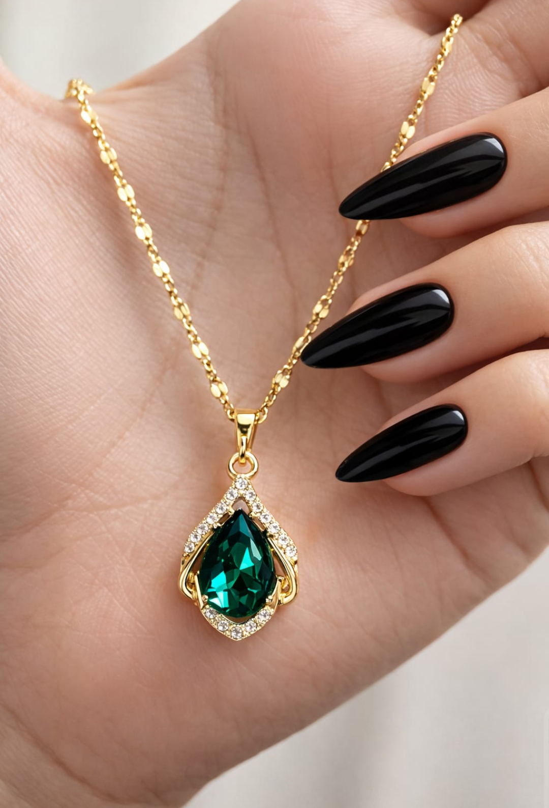 Emerald Teardrop Halo Pendant Necklace