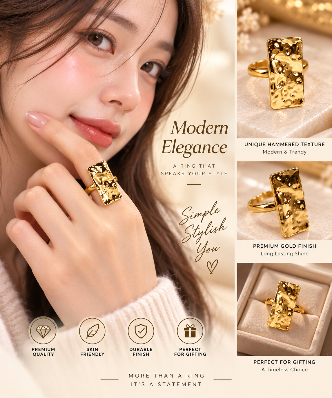 Hammered Gold Statement Ring – Textured Rectangular Adjustable Ring for Women