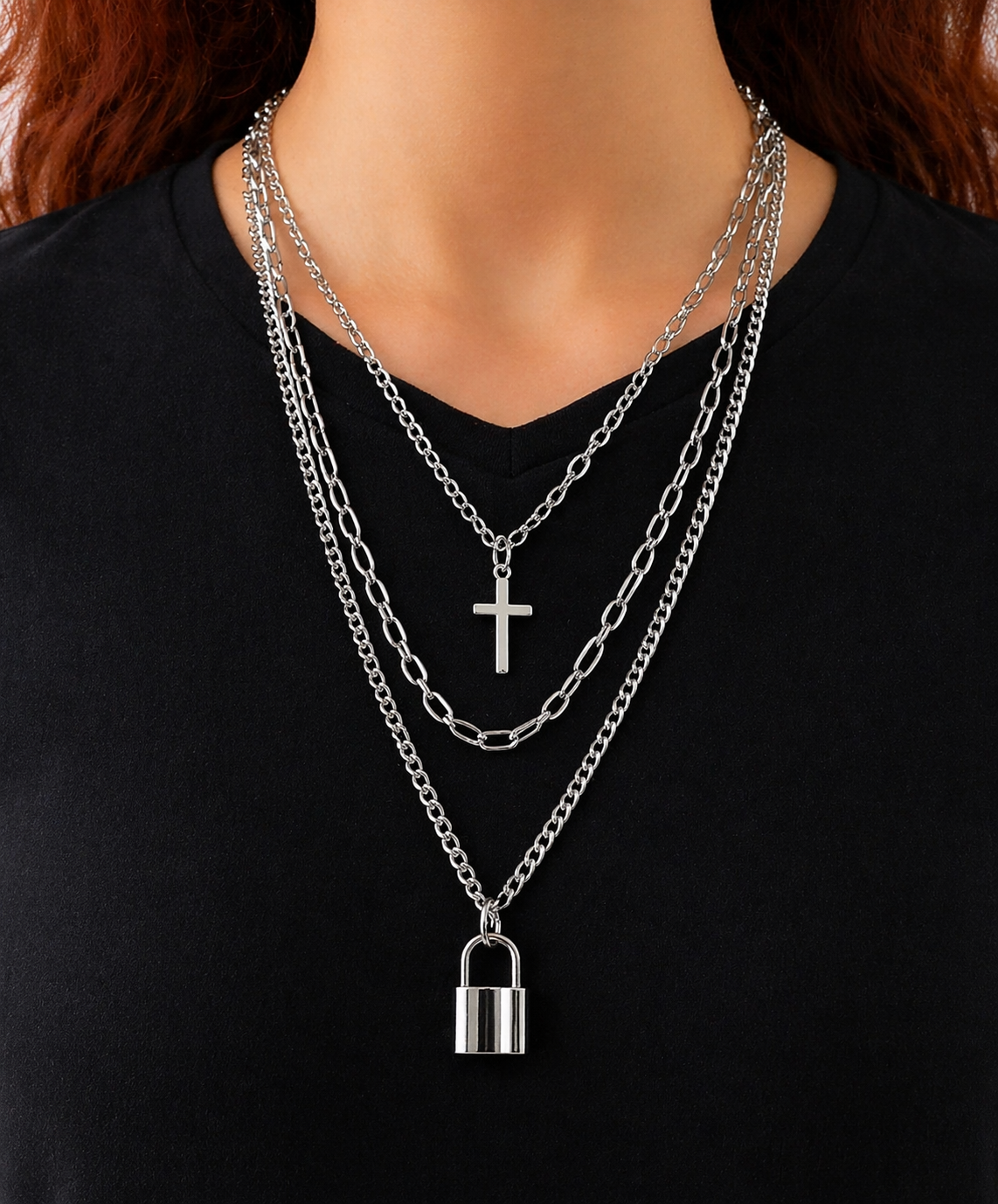 Urban Edge Layered Lock & Cross Necklace Set