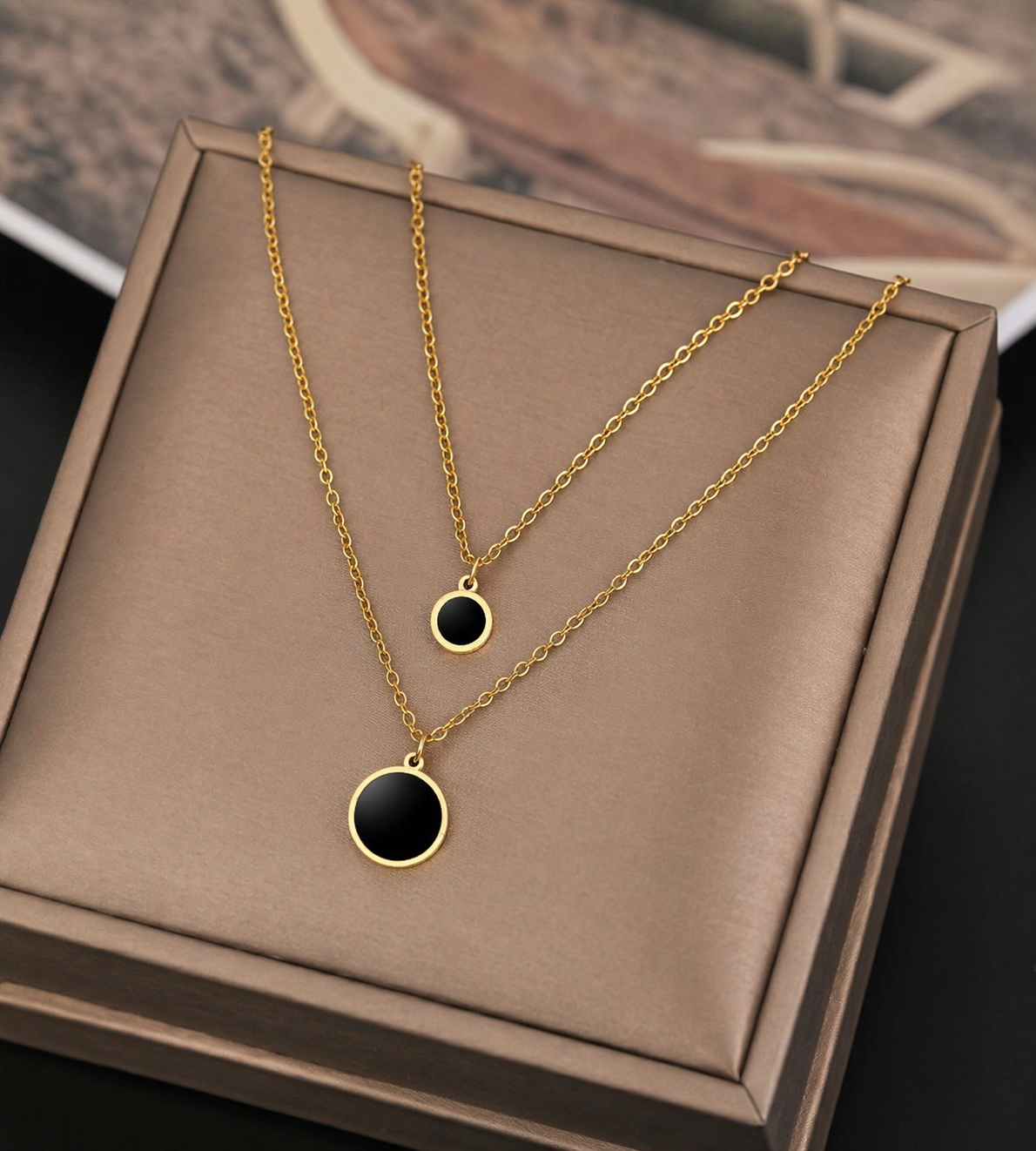 Dual Layer Black Disc Pendant Necklace