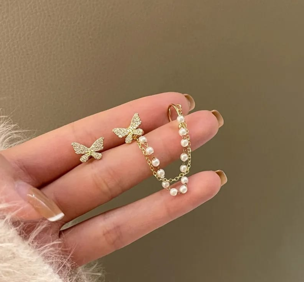 Butterfly Pearl Chain Ear Cuff Earrings