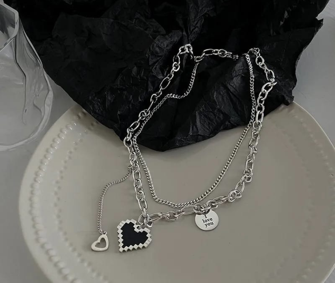 Pixel Heart Charm Layered Chain Necklace