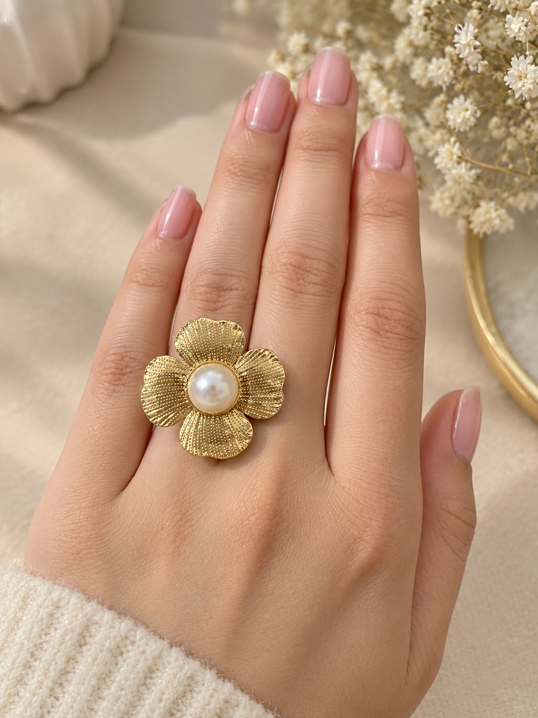Gold Plated Flower Pearl Ring for Women