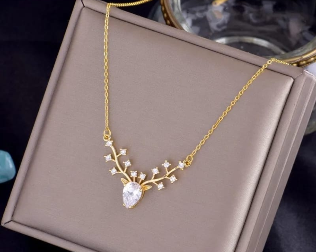 Golden Antler Crystal Pendant Necklace