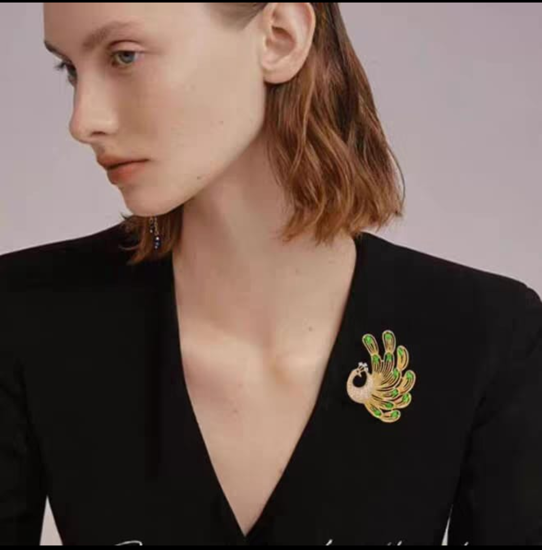 Emerald Feather Peacock Brooch
