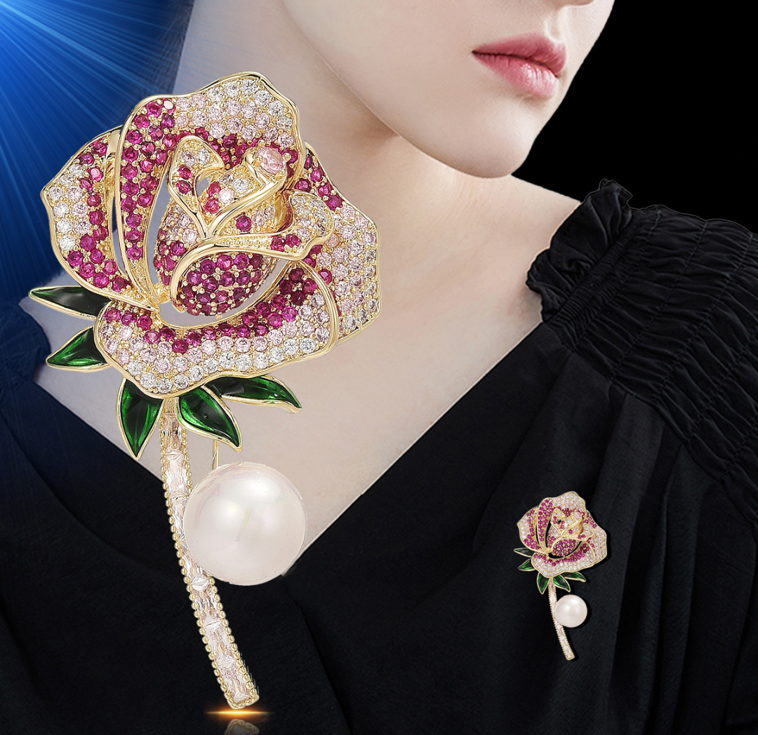 Luxury Crystal Rose Pearl Brooch