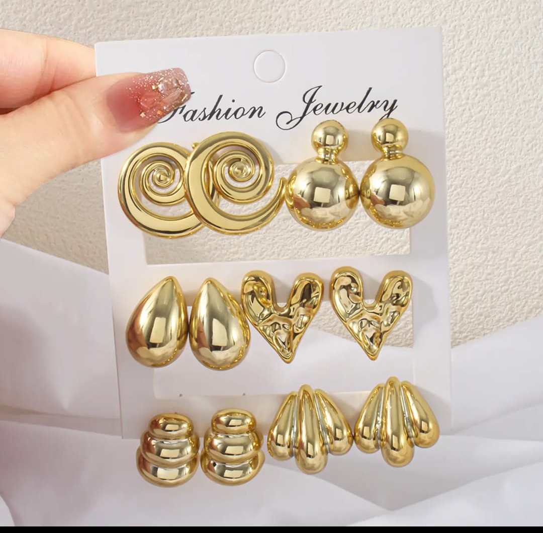 Gold Statement Stud Combo Set (6 Pairs) – Everyday Glam Collection