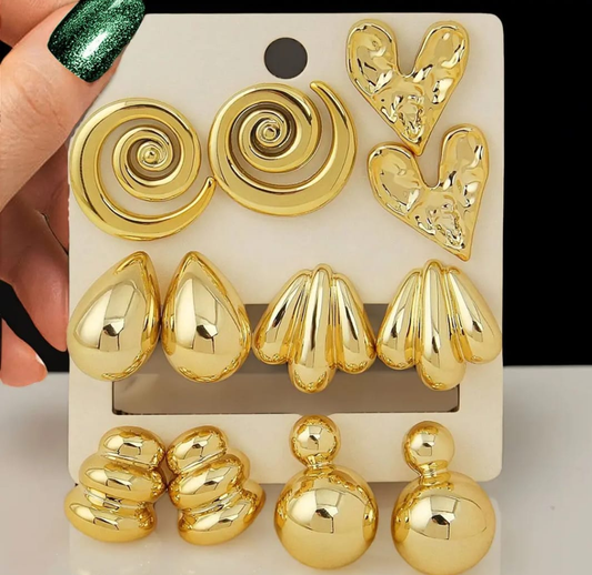 Gold Statement Stud Combo Set (6 Pairs) – Everyday Glam Collection