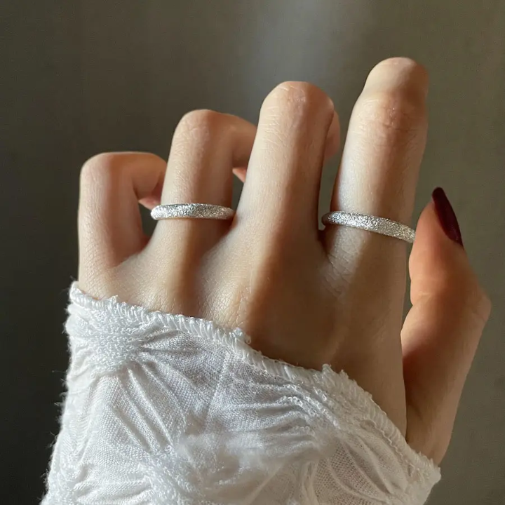 Silver-Tone Textured Adjustable Rings – Minimalist Sparkle Band Ring