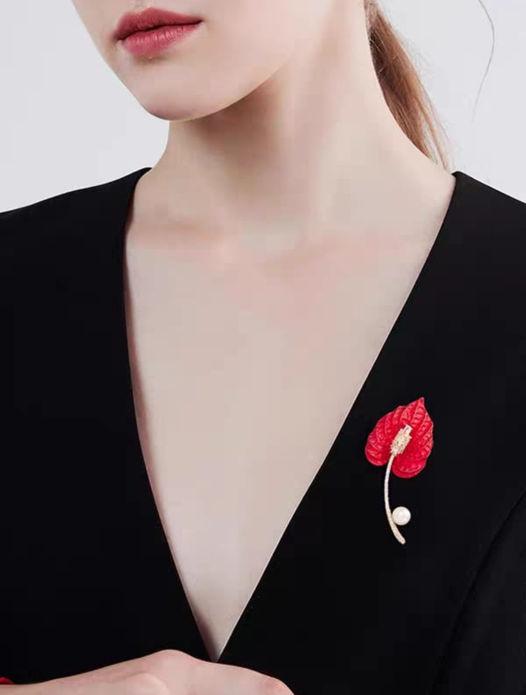 Crimson Leaf Pearl Elegance Brooch