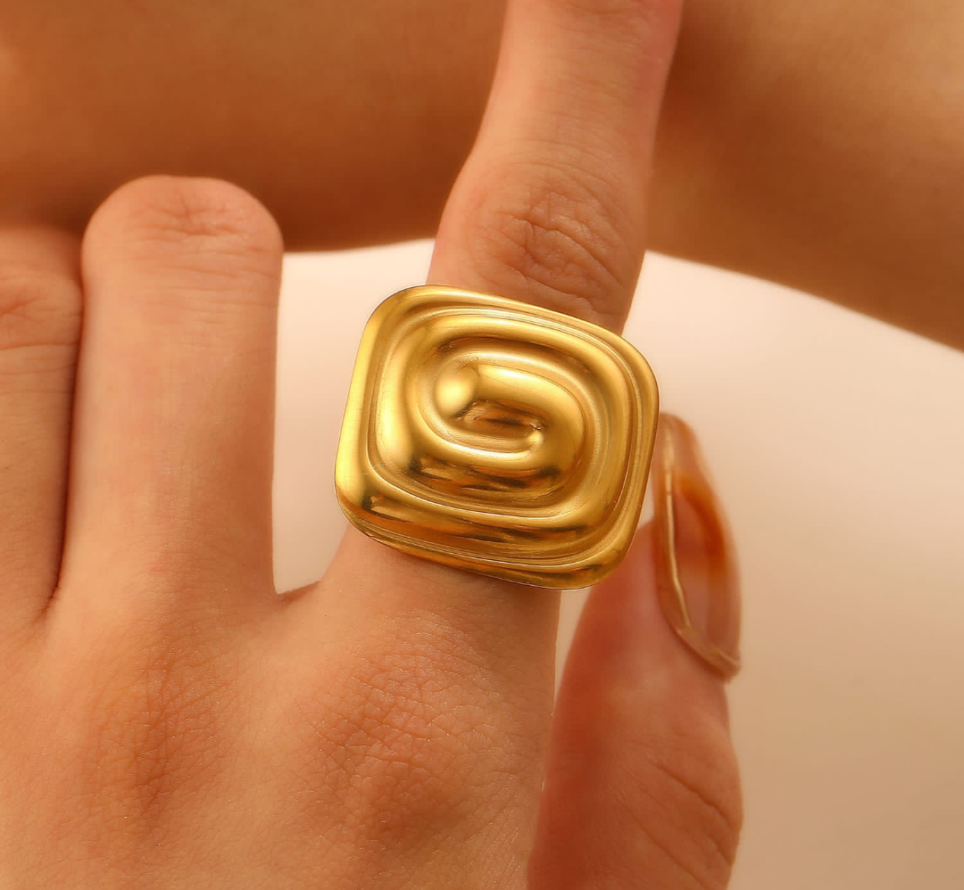 Sculpted Golden Ripple Statement Ring