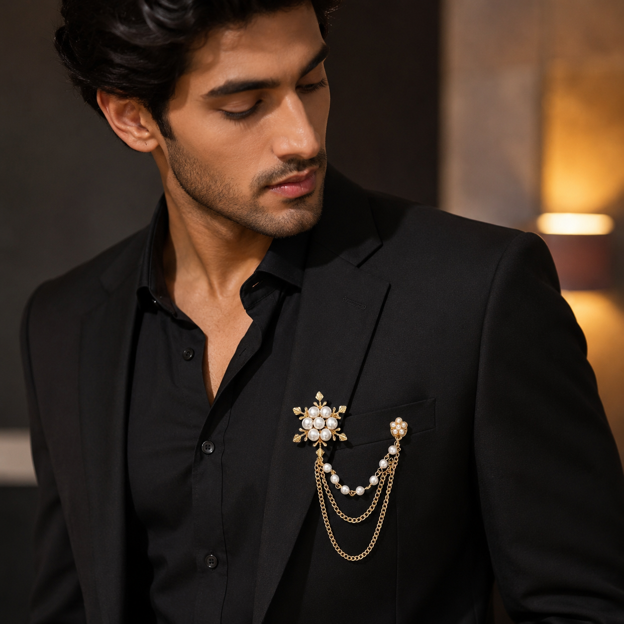 Elegant Pearl Floral Chain Brooch – Unisex Statement Lapel Pin