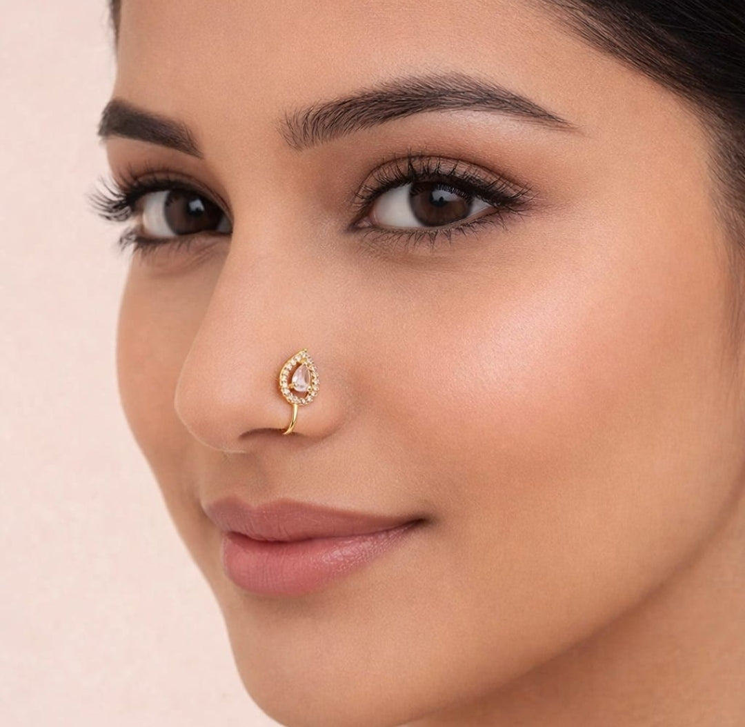 Gold Teardrop Nose Ring with Gemstone
