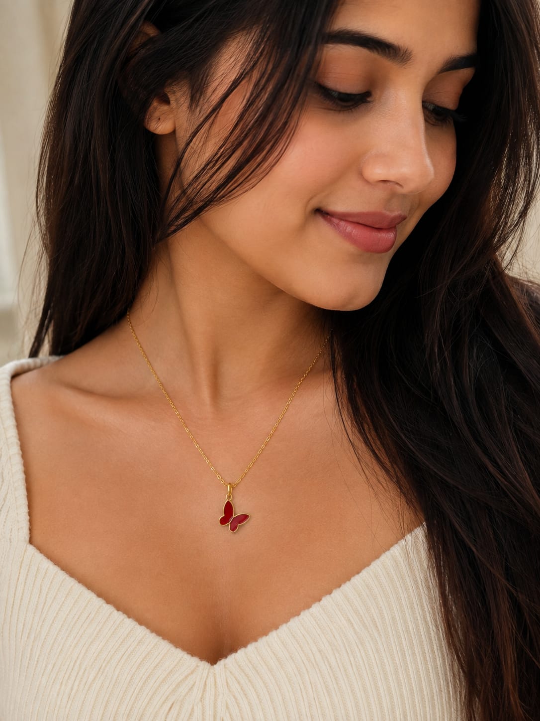 Red Butterfly Pendant Necklace – Dainty Gold-Tone Minimalist Necklace for Women