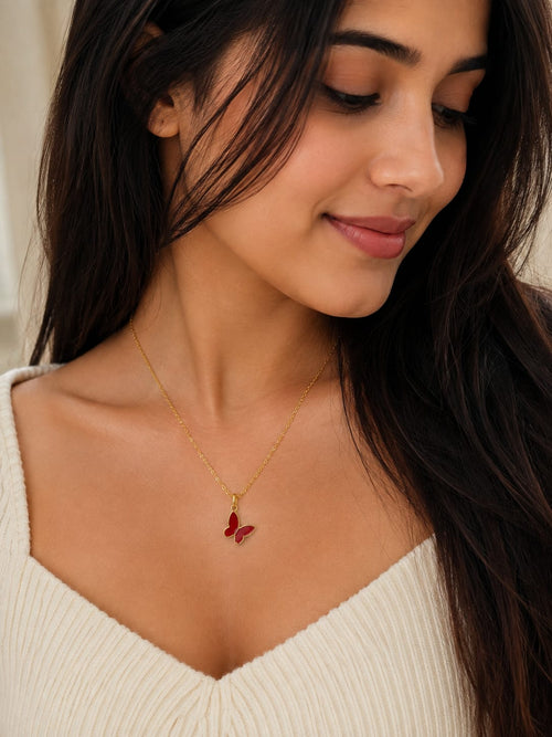 Red Butterfly Pendant Necklace – Dainty Gold-Tone Minimalist Necklace for Women