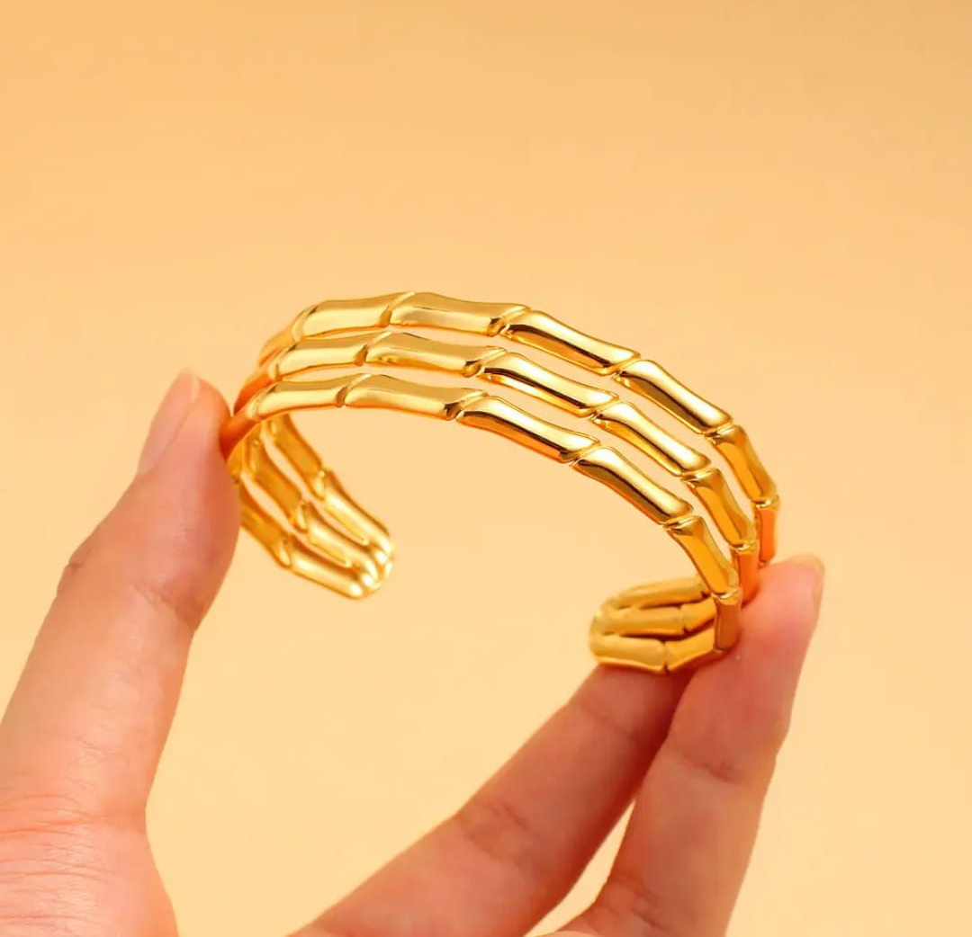 Bamboo-Inspired Triple Band Gold Cuff