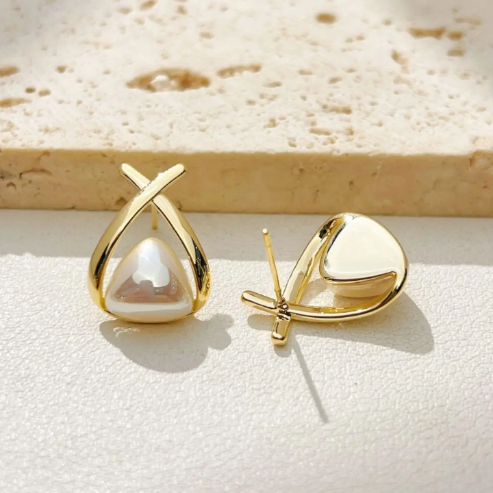 Elegant Pearl Triangle Stud Earrings with Gold-Tone Cross Design