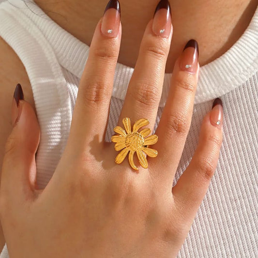 Gold-Tone Sunflower Statement Ring – Floral Adjustable Fashion Ring
