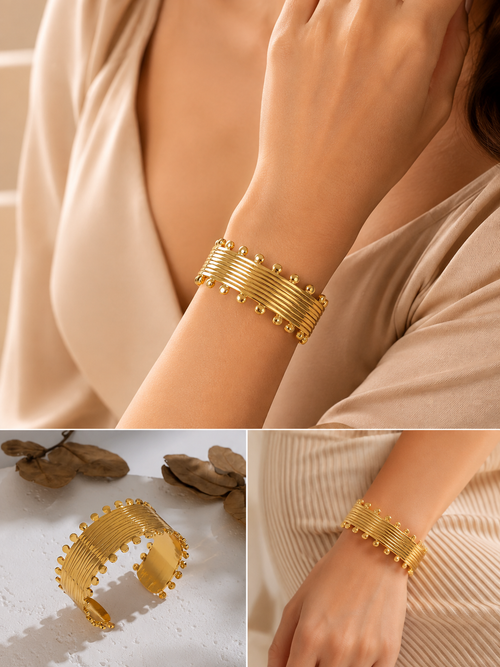 Gold Tone Textured Wide Bracelet – Elegant Ribbed Statement Cuff