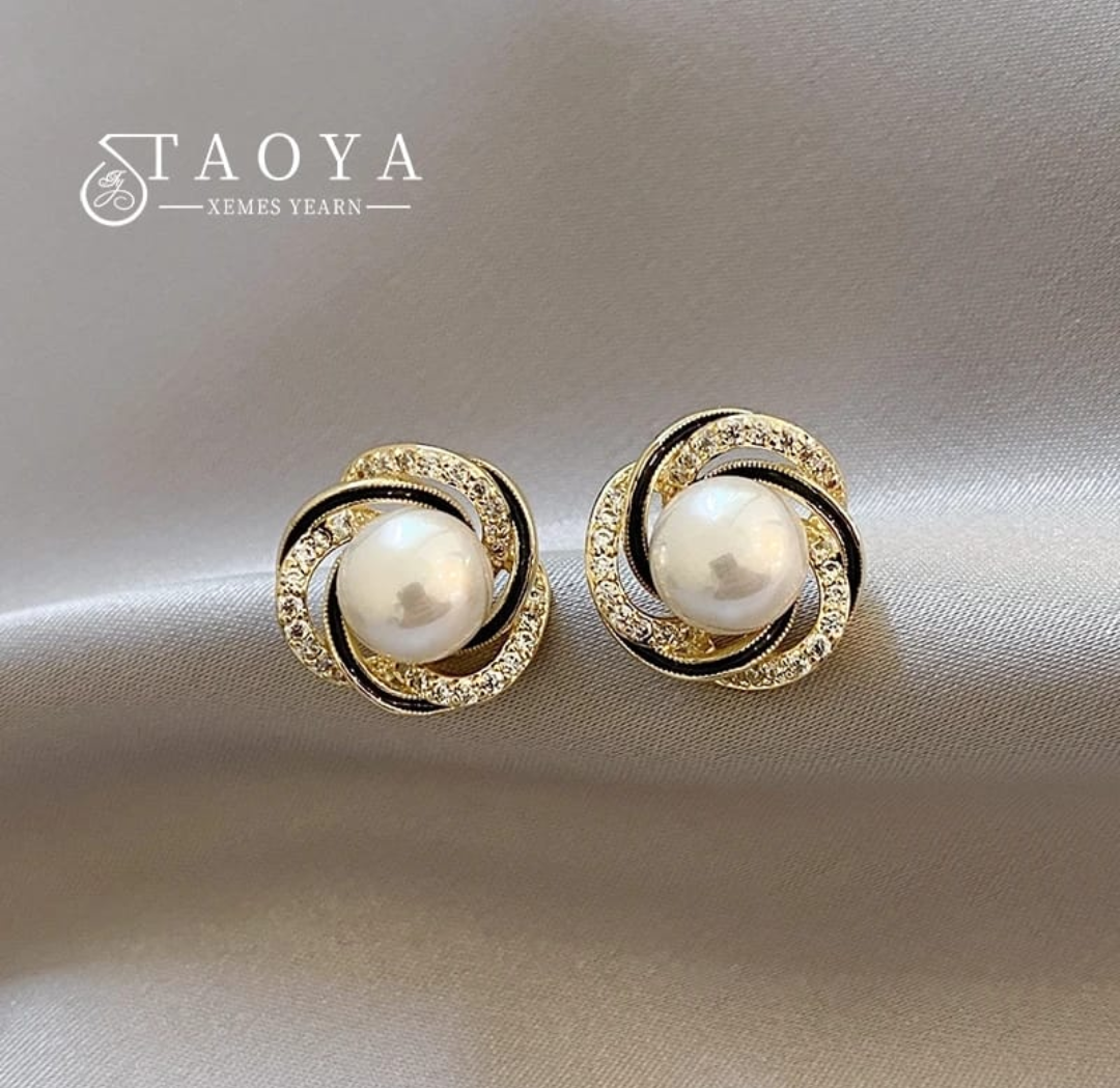 Gold Swirl Red Stone Stud Earrings