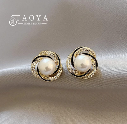Gold Swirl Red Stone Stud Earrings
