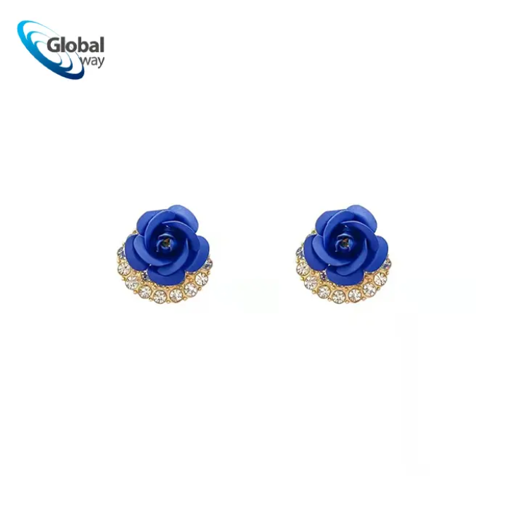 Blue Rose Stud Earrings – Elegant Floral Crystal-Accent Earrings for Women