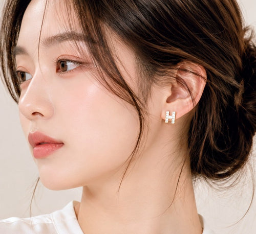 Crystal H Stud Earrings – Gold-Tone Rhinestone Letter H Earrings for Women