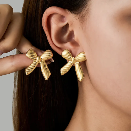 Gold-Tone Bow Statement Earrings – Elegant Ribbed Ribbon Earrings for Women